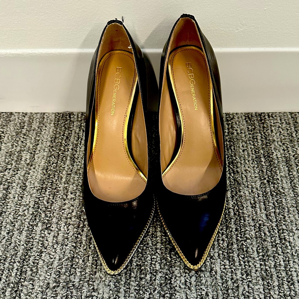 BCBG black heels with gold trim detail